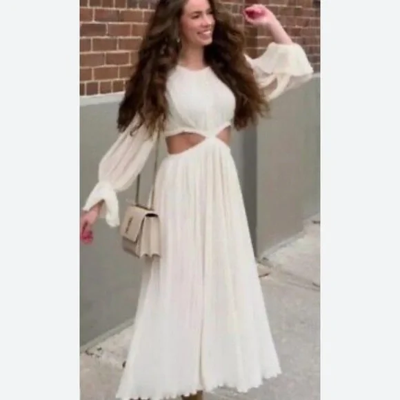 ZARA Cream Crinkly Midriff Cut Out Midi Dress M NWT - Picture 2 of 16